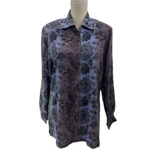 Tess Women’s 100% Silk Hidden Button Shirt Sz Large Lightweight Purple Floral